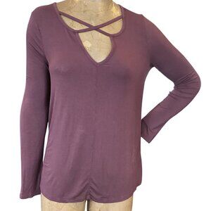 White Crow (Buckle) Front Crisscross Long Sleeve Tee Top M Burgundy 301L